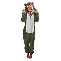 Women's Fuzzy Plush Hooded Jumpsuit Unisex Adult Onesie Pajamas Plus Size Cute Bear One Piece Sleepwear Winter Warm Rompers
