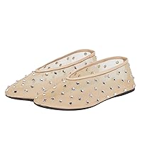 Arqa Crystal-Embellished Mesh Flats Rhinestone Ballet Flat Slip On Ballerina Shoes Comfortable Casual Gauze Shoe