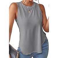 EVALESS Womens Casual Tank Tops Crewneck Sleeveless Summer Tops Loose Fit Basic Shirts Side Split Tunic Top Solid Tee Blouses