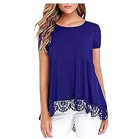 Women's Summer Blouses Casual Short Sleeve Loose Lace Patchwork Tops Tunic Blouse for 2024, S-2XL