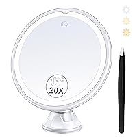 2024 Upgraded Magnifying Mirror with Light, 20X Lighted Magnifying Mirror with Suction Cup and Tweezers, 3 Colors Vanity Mirror, 360 Rotation, Makeup Mirror with Lights 8 Inches