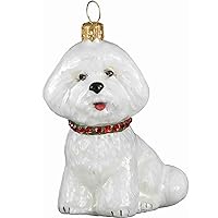 Bichon Frise with Red and Green Collar Polish Glass Christmas Ornament