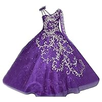 Girl's One Shoulder Long Sleeves Pageant Dress Beaded Sequins Embroidery Formal Evening Dress Purple