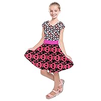 PattyCandy Girl's Dark Pink Skulls & Hearts Kids Short Sleeve Dress - 4