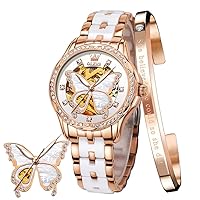 OLEVS Women's Rose Gold Automatic Watches Skeleton Mechanical Self Winding Ladies Elegant Luxury Dress Butterfly Diamond White Ceramic Band Watch Gift