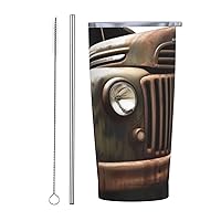 Old Truck print 20 oz Stainless Steel Tumbler With Lid And Straw Insulated Coffee Cup Portable Travel Mug For Cold And Hot Drinks