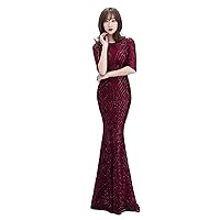 Women's Long Formal Evening Dresses O Neck Half Sleeves Mermaid Sequins Prom Homecoming Party Cocktail Dress Gown