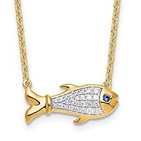 8.6mm 14k Gold Lab Grown Diamond and Created Blue Sapphire Animal Sealife Fish Necklace Jewelry for Women