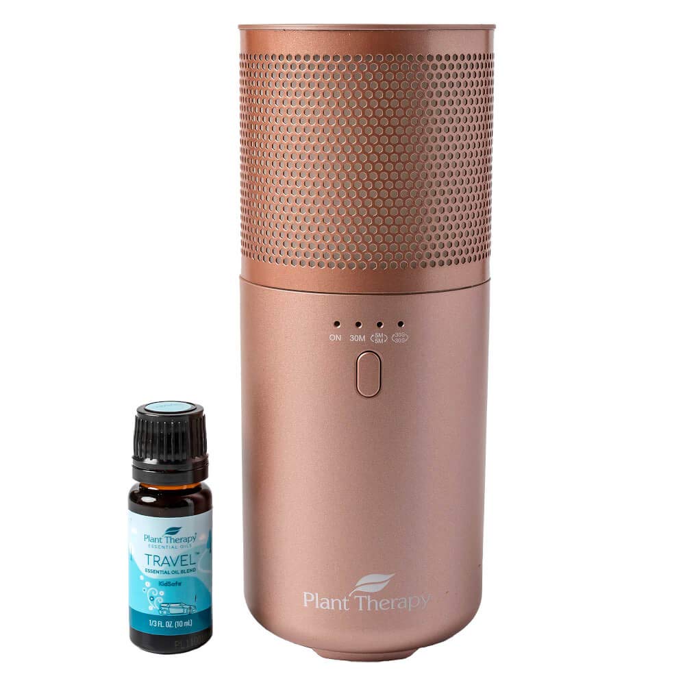 Plant Therapy Rose Gold Portable Diffuser Travel Pack, Includes The Travel Essential Oil Blend 10 mL (1/3 oz) 100% Pure, Undiluted, Natural Aromatherapy, Therapeutic Grade