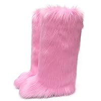 Valpeak Snow Boots for Women 2023 Furry Boots Winter Knee High Flat Heel Fluffy Faux Fur Boots(Pink,12)