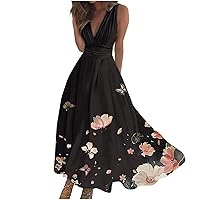 Deep V Long Dress for Women Sleeveless Cocktail Maxi Dresses Fashion Print Spring Summer Party Dress Beach Dress