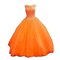 Sheer Neck Pearls Jewel Neck Ball Gown Quinceanera Dresses with Sleeves Tulle Beaded Keyhole Back Long