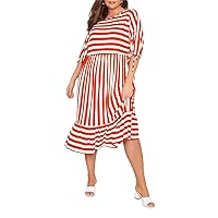 Plus Size Striped Dress Women Loose 3/4 Tie Sleeve Frill Hem Dress Casual Midi Tiered Dress