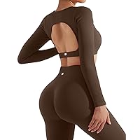 SUUKSESS Open Back Long Sleeve Scrunch Butt Booty Leggings Seamless Ribbed Workout Sets 2 Piece Outfits