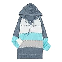 Women's Loose Sweater Hoodie Lightweight Color Block Hooded Sweaters Drawstring Long Seleeve Pullover