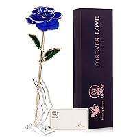 Romantic Gifts for Women Mothers Day Rose Gift for Mom, 24k Gold Rose, Rose Flower Gift, Plated Rose Gold Dipped Blue Rose Everlasting Long Stem Rose with Holder, Anniversary, Birthday and Home Decor