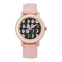 Moon Phases Womens Watch Round Printed Dial Pink Leather Band Fashion Wrist Watches