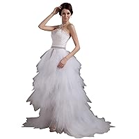 White Strapless Tulle Ruffle Skirt Wedding Dress With Beaded Belt