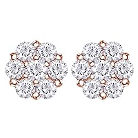1.00 Cttw Round Shape White Natural Diamond Flower Stud Earrings 14K White Gold