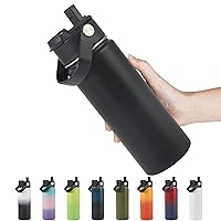 Stainless Steel Insulated Water Bottle, 18oz Double Wall Vacuum Insulated Water Bottle Leak Proof with Silicone Straw, Wide Mouth Lid, BPA Free, Keep Cold and Hot, 18oz, Black