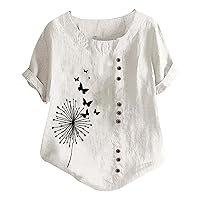 Oversized Crew Neck Linen Tops for Women 2024 Short Sleeve Cotton Linen Tee Shirts Boho Floral Print Blouses Top T-Shirt