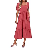 Women Summer Square Neck Puff Sleeve Pleated Dress Solid Color A Line Tiered Ruffle Vacation Beach Party Dresses