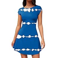 Summer Mini Dresses for Women 2024 Crewneck Cap Sleeve Dressy Casual a Line Dress Flare Short Sleeve Stretchy Mini Basic Dresses Today Deals Prime(4-Blue,XX-Large)