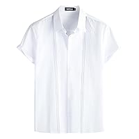 VATPAVE Mens Hawaiian Cotton Linen Shirts Casual Short Sleeve Button Down Shirts Summer Beach Embroidered Shirts