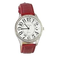 Artist Unknown Urban Ladies Silver Diamante Large Dial Red PU Leather Strap Watch Analog Japanese Quartz Extra Battery