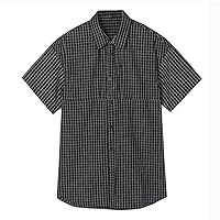 Black Men's Short Sleeve Plaid Shirt Contrast Color Shirt Jacket Lapel Clothes