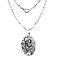 Sterling Silver St Joan of Arc Medal Necklace Oxidized finish Oval 1.8mm Chain
