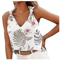 Womens Fashion Knotted Strape V Neck Chiffon Tank Tops Summer Floral Print Casual Loose Fit Comfy Sleeveless Shirts