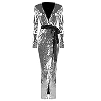 Flowy Dresses for Women Plus Size Long Puffy Sleeves,Women's Sexy V Neck Sequined Lace Side Slit Long Sleeved D