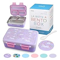 kinsho Unicorn Stainless Steel Lunch Box for Baby or Toddlers Girls, Mini Bento, 3 Eco Metal Portion Sections Leakproof Lid, Pre-School Daycare Lunches, Kids Spill-Proof Snack Container, Purple