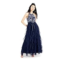 Womens Navy Embroidered Zippered Layered Belted Floral Halter Full-Length Evening Fit + Flare Dress Juniors 0