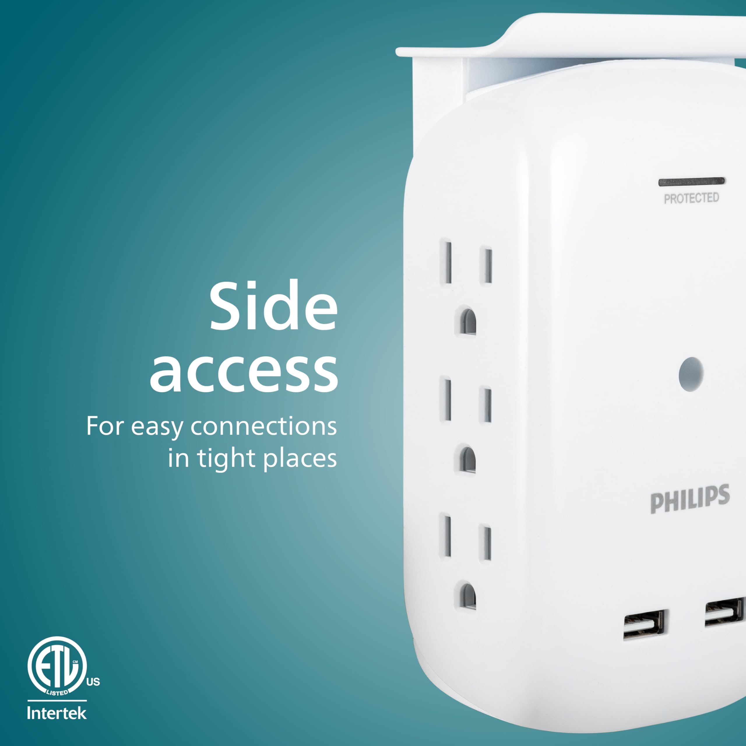 Philips 6-Outlet Tap with Device Shelf, 450J, 2 USB Ports (2.4A), White – SPS6022WA/37