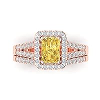 Clara Pucci 1.60ct Emerald Cut Halo Solitaire Natural Yellow Citrine Engagement Promise Anniversary Bridal Ring Band set 18K Rose Gold