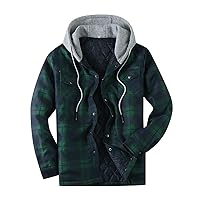 Men's Cotton Plaid Shirts Jacket Hooded Coat Fleece Lined Flannel Shirts Down Shirt Jacket Button Down Jackets