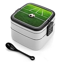 Green Grass Field Soccer Bento Box Adult Lunch Box All-in-One Lunch Containers with Removable Compartments Double Layer Bento Lunch Box with Spoon And Handle Stackable Lunchbox