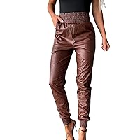 Pu Leather Pants for Women Leggings Women's Smocked Waist Tapered Leg Pu Faux Leather Jogger Pants with Pockets