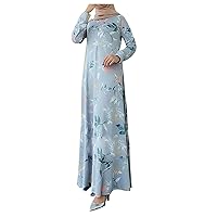 Wedding Empire Waist Spring Tunic Dress Women Vintage Long Sleeve Slim Fits Cotton Cozy Printing Patchwork Blue 5XL