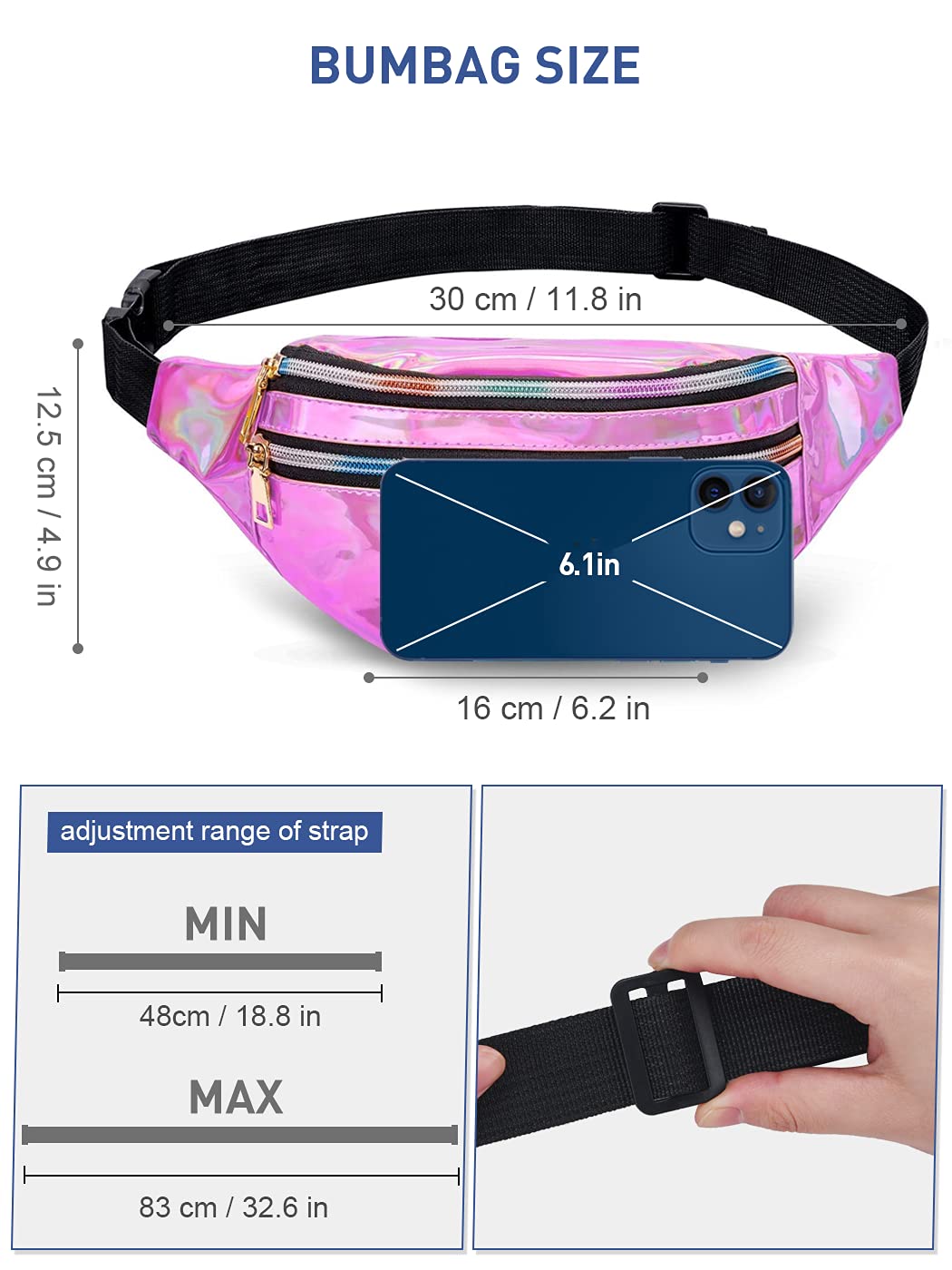 LIVACASA Holographic Fanny Packs for Women Cute Waist Packs Shiny Waist Bum Bag Waterproof for Travel Party Festival Running Hiking All Pink
