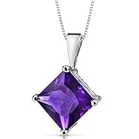PEORA Solid 14K White Gold Amethyst Pendant for Women, Genuine Gemstone Birthstone Solitaire, Princess Cut, 8mm, AAA Grade, 2 Carats total