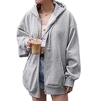 Women Vintage 90s Solid Zipper Front Oversized Long Sleeve Brown Sweatshirts Hoodies with Pockets