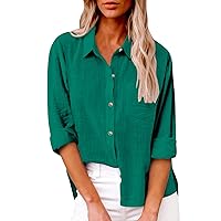 Women's Cotton Linen Shirts Long Sleeve Button Down Blouses Spring Fashion Clothes Ladies Plus Size Tops with Pocket My Recent Orders Green
