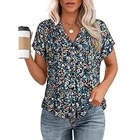 Dokotoo Women's Casual V Neck Floral Print Smocked Short Cap Sleeve Button Down Chiffon Blouses Pleated Top Shirts