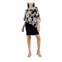 Connected Apparel Womens Navy Unlined Asymmetrical Cape-Overlay Floral Flutter Sleeve Round Neck Above The Knee Wear to Work Sheath Dress 4