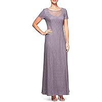 Alex Evenings Women's Long Cap Sleeve Cap Sleeve Lace Gown with Brooch