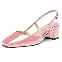 WAYDERNS Women's Ankle Strap Square Toe Block Patent Leather Slingback Chunky Low Heel Pumps Shoes 2 Inch
