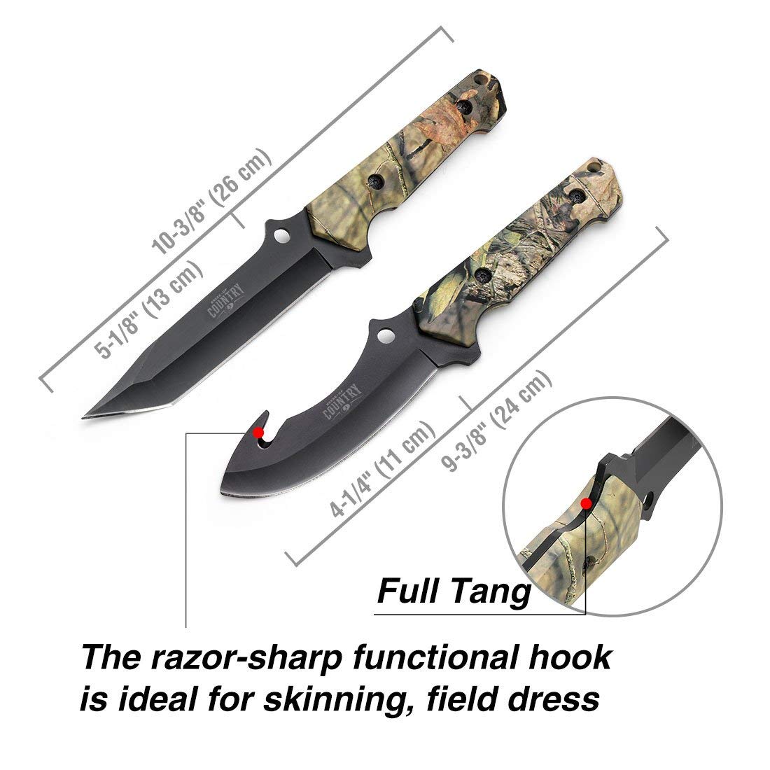 Mossy Oak Fixed Blade Hunting Knife Set - 2 Piece, Full Tang Handle Straight Edge and Gut Hook Blades Game Processing Knife, Sheath Included